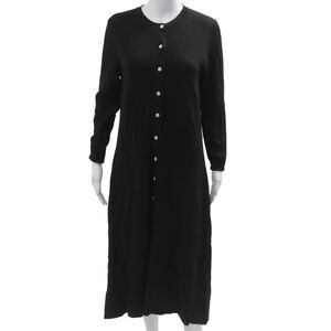 Yal Womens Shirt Dress Black Button Long Sleeve Crew Neck Viscose Nylon Size S